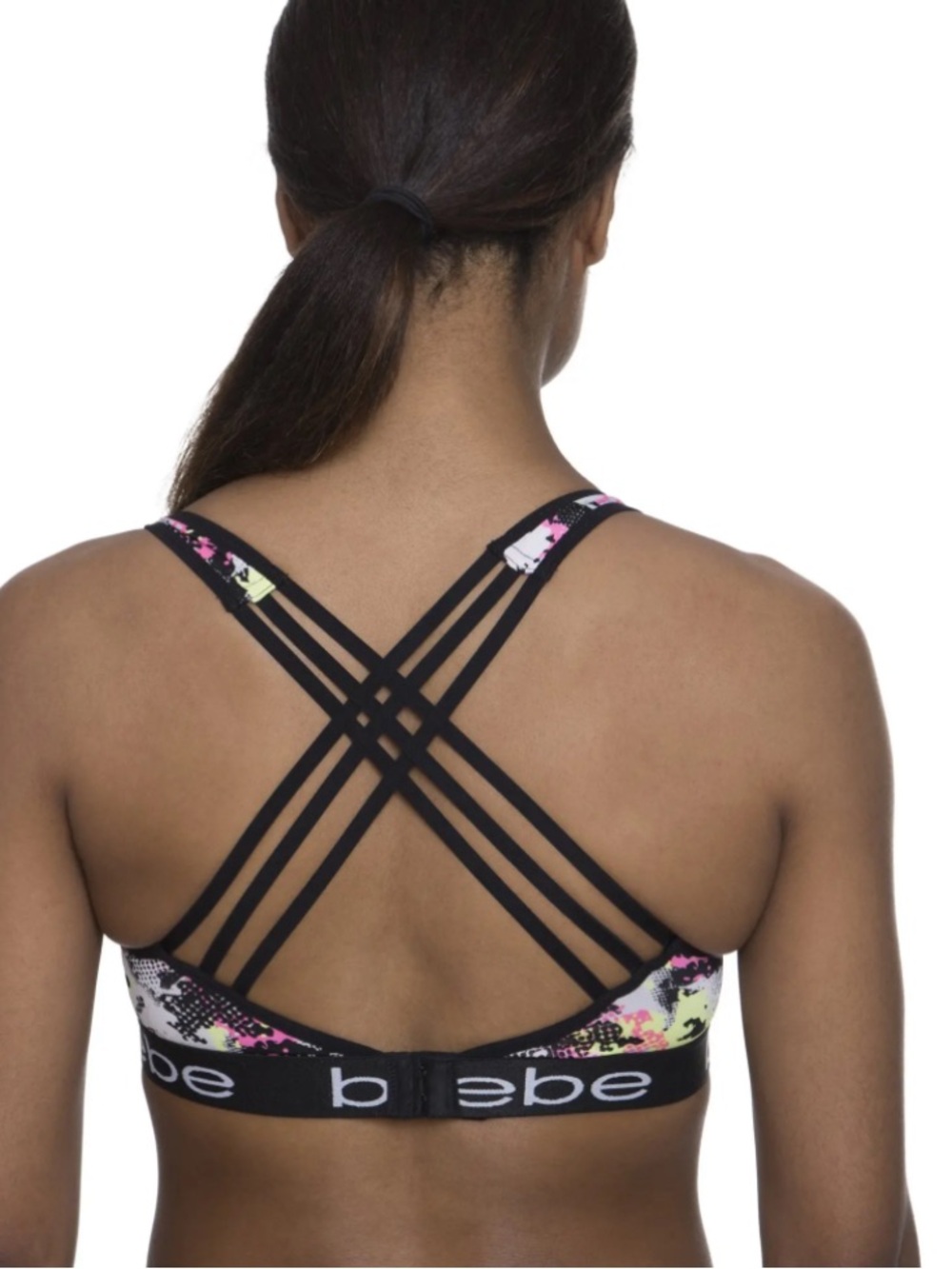 bebe Floral Padded Sports Bra in Black, Pink & Yellow